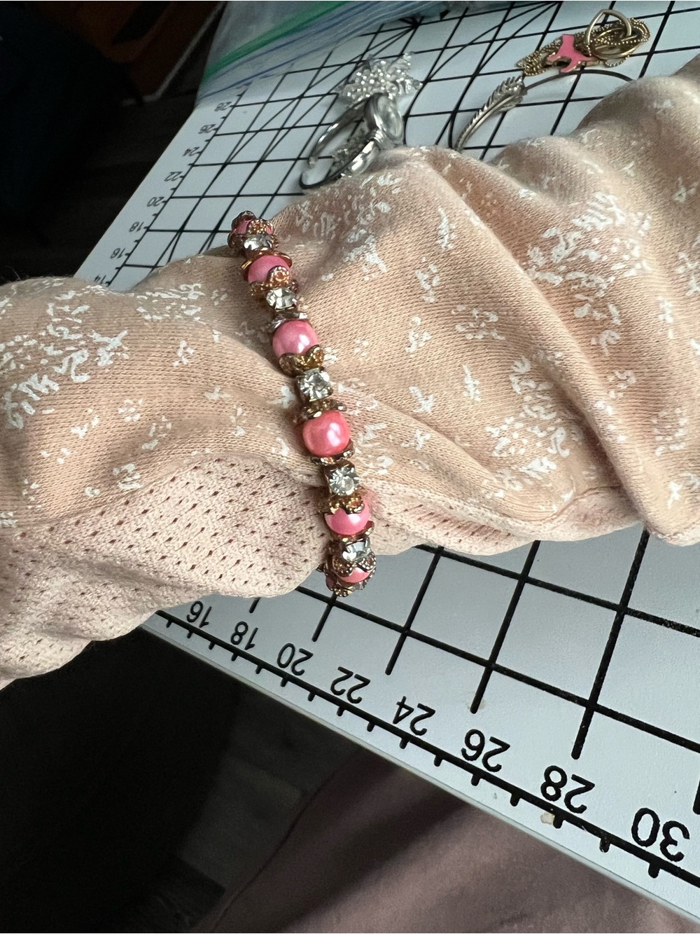 Vintage Pink Pearl Gold Rhinestone Memory Wire Cuff Bracelet